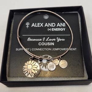 Alex and Ani Cousin Floral Dangle Charm Bangle Slider Bracelet Silver Tone